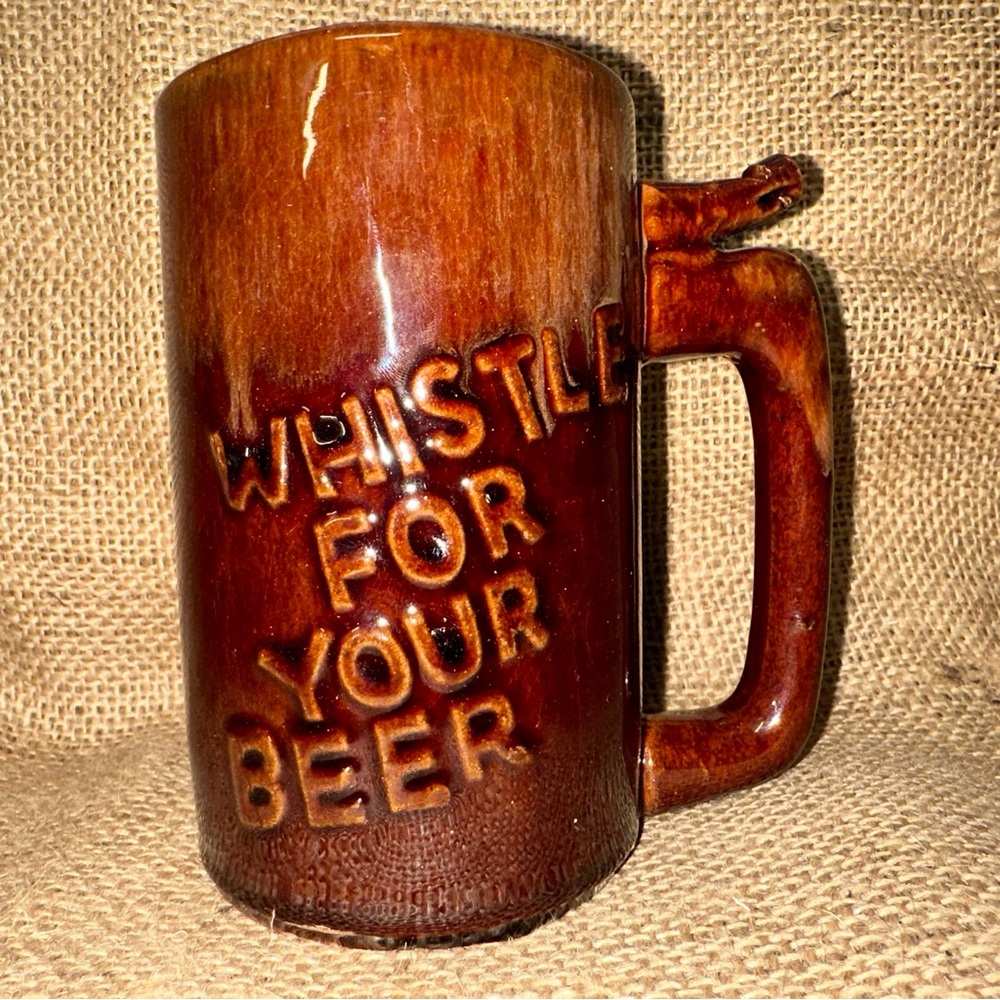 Vintage JAPANESE ‘Whistle for Your Beer, Wet Your Whistle’ Mug 4‎ 3/4” Tall